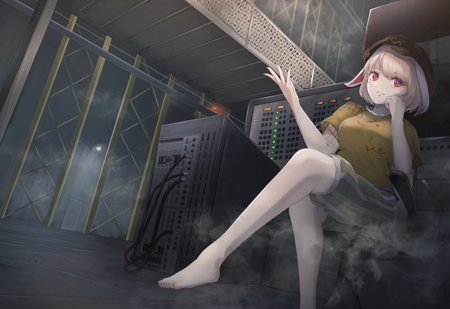 animal_ears, barefoot, blonde_hair, bunny_ears, bunnygirl, cacao_devil, computer, hat, red_eyes, ringo_(touhou), short_hair, shorts, touhou