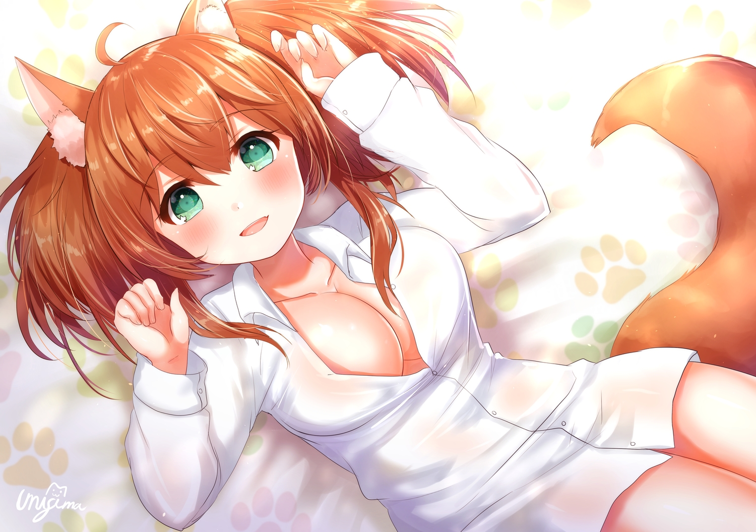 animal_ears, blush, breasts, cleavage, doggirl, green_eyes, long_hair, naked_shirt, orange_hair, original, rinchu, shirt, signed, tail, twintails