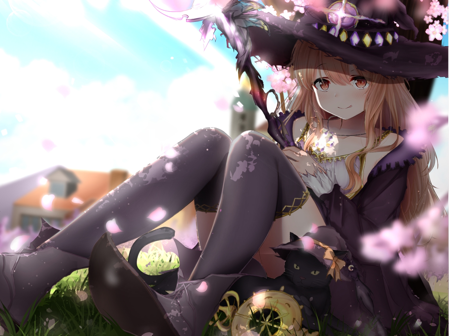 animal, blush, brown_hair, cat, cherry_blossoms, dorothy_(shingeki_no_bahamut), dress, flowers