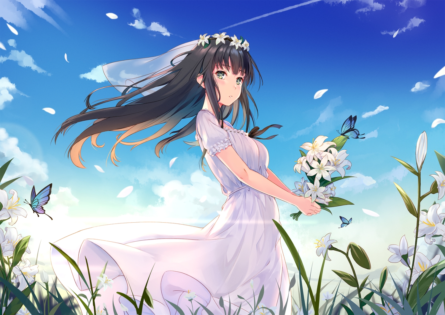 black_hair, blush, butterfly, clouds, dance_of_eternity, dress, flowers, flowers_(game)
