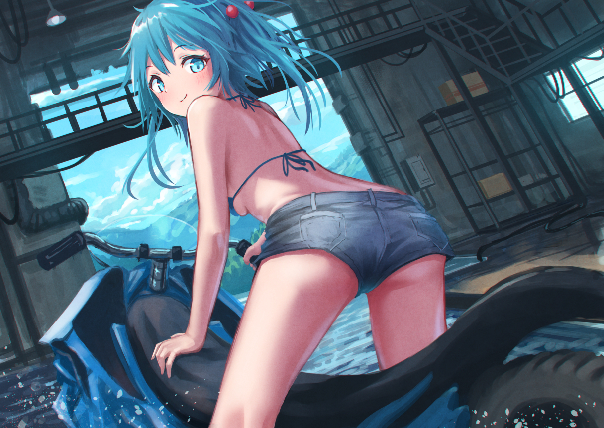 aqua_eyes, aqua_hair, bikini_top, blush, breasts, industrial, kawashiro_nitori, motorcycle, roke_(taikodon), short_hair, shorts, touhou, underboob, water