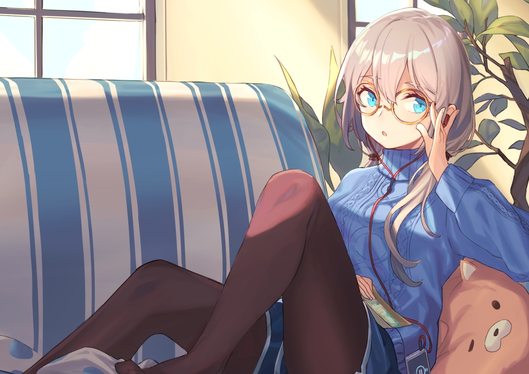 aqua_eyes, book, couch, glasses, gray_hair, headphones, long_hair, original, pantyhose, peroncho, phone, ponytail, shorts