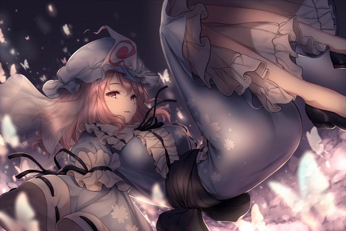 butterfly, dress, hat, minust, pink_eyes, pink_hair, saigyouji_yuyuko, short_hair