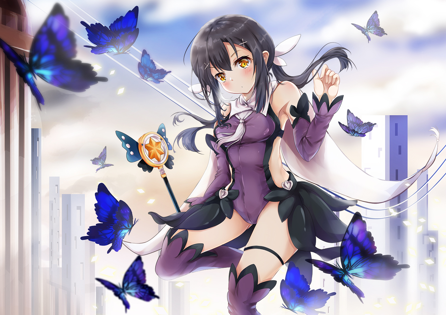 black_hair, blush, bodysuit, breasts, butterfly, fate/kaleid_liner_prisma_illya, fate_(series), garter