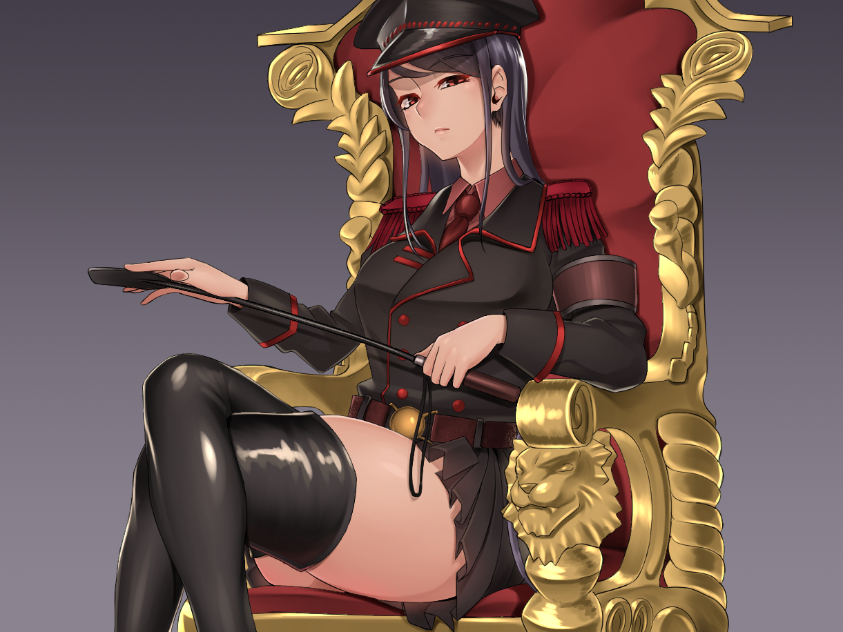 black_hair, boots, gradient, hat, long_hair, military, original, red_eyes, shirofugu, skirt, thighhighs, tie, uniform, weapon
