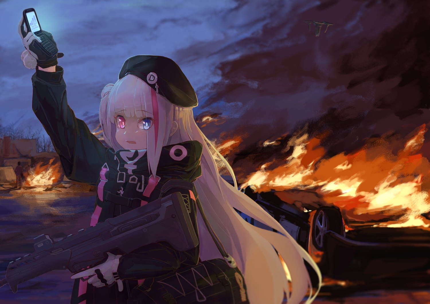 anthropomorphism, bicolored_eyes, car, clouds, dark, fire, girls_frontline, gloves, gsong-chan, gun, hat, hood, long_hair, mdr_(girls_frontline), night, phone, ponytail, sky, weapon, white_hair
