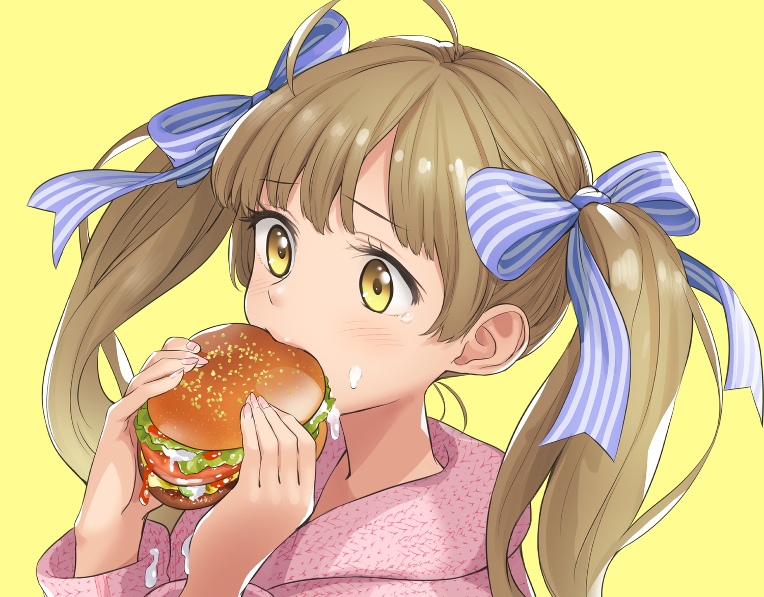 blush, bow, brown_hair, close, food, hakozaki_serika, hood, idolmaster