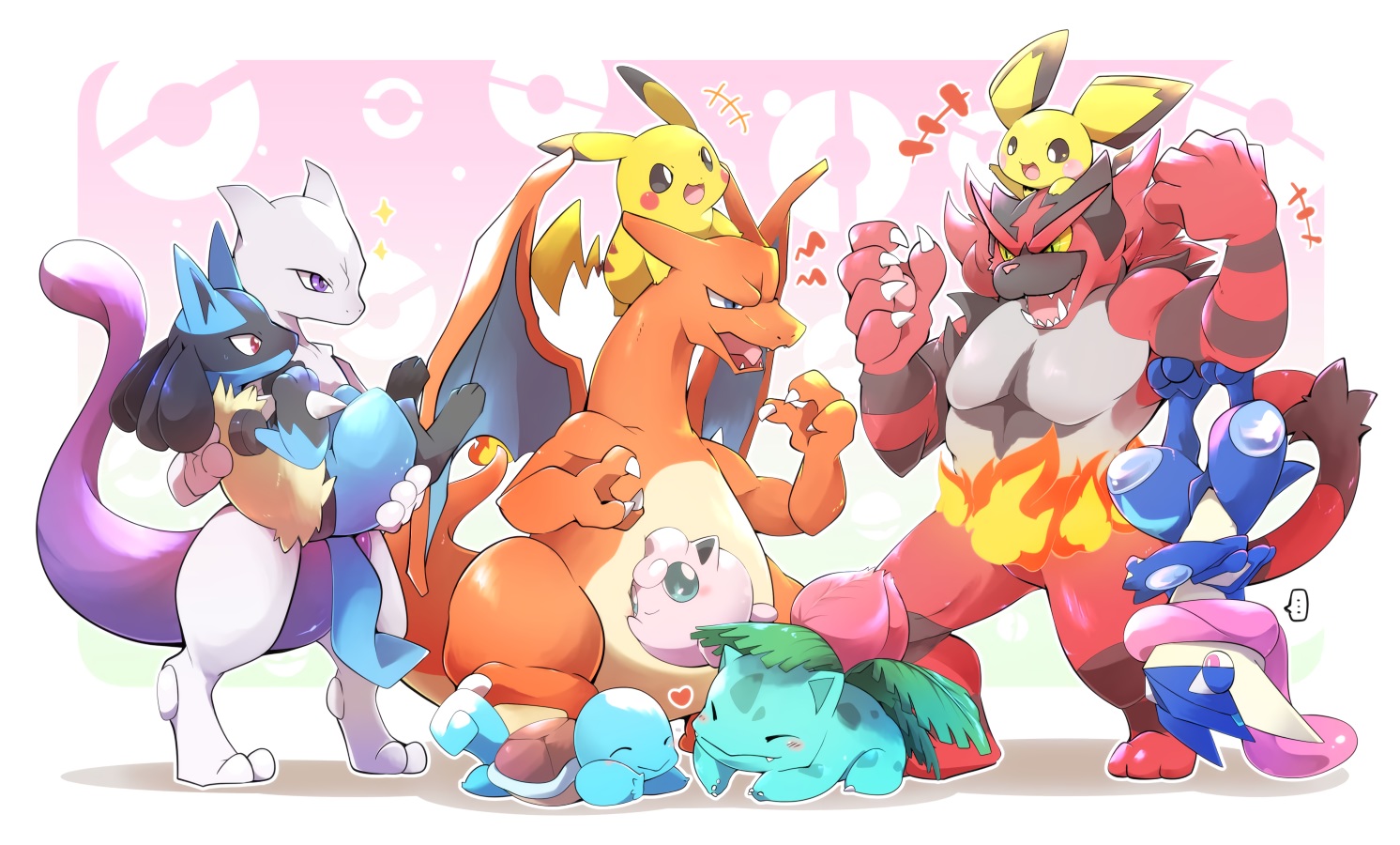 azuma_minatsu, charizard, greninja, group, incineroar, ivysaur, jigglypuff, lucario