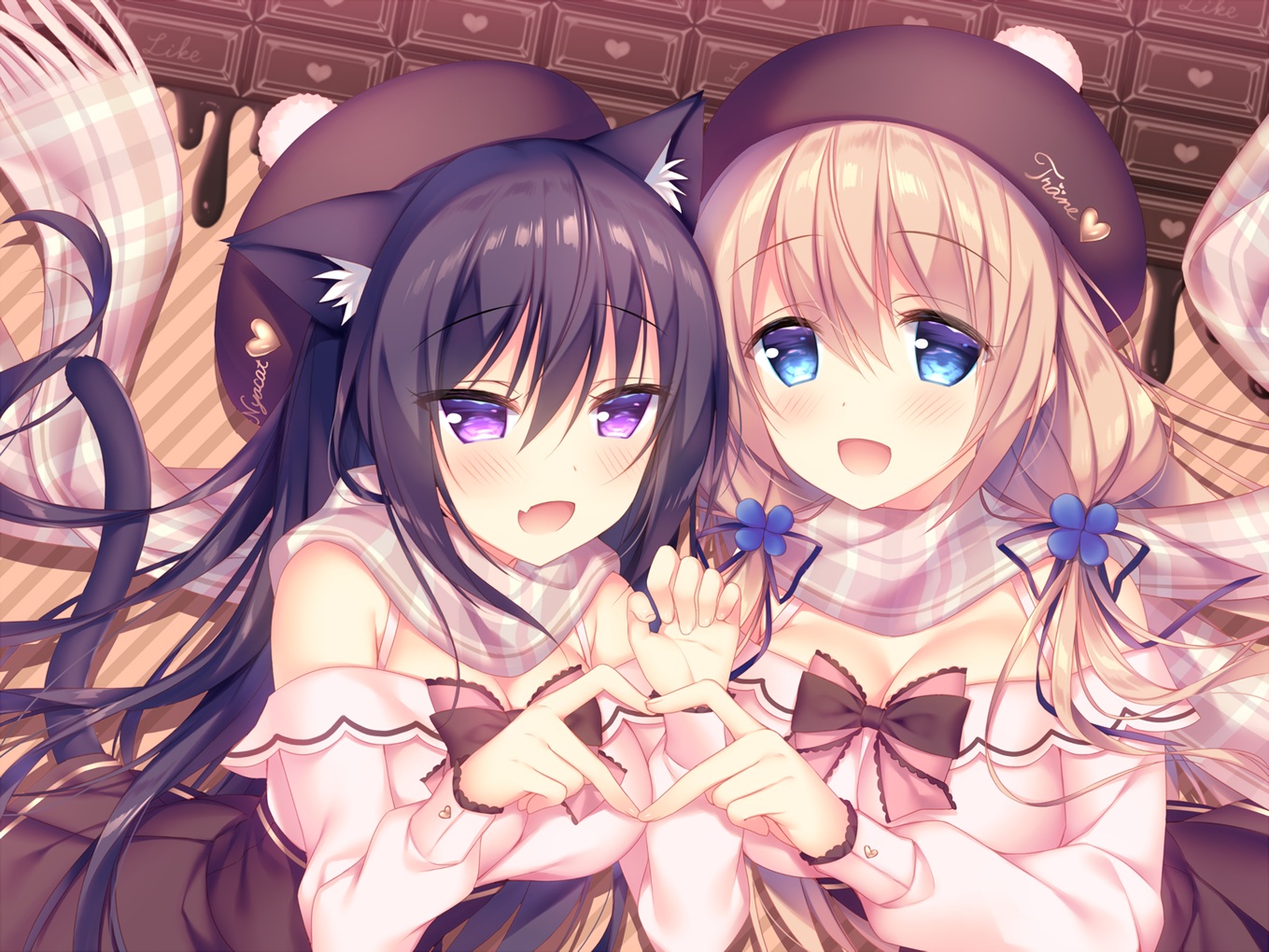 2girls, animal_ears, aqua_eyes, black_hair, blonde_hair, blush, bow, breasts