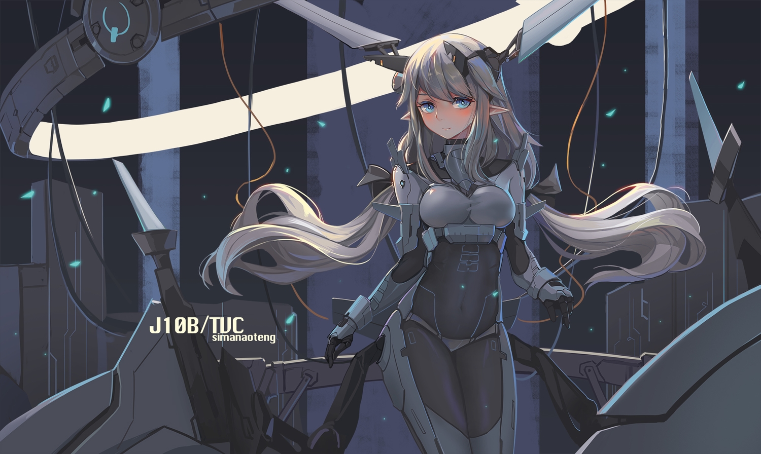 blue_eyes, bodysuit, gray_hair, long_hair, mechagirl, original, pointed_ears, sima_naoteng