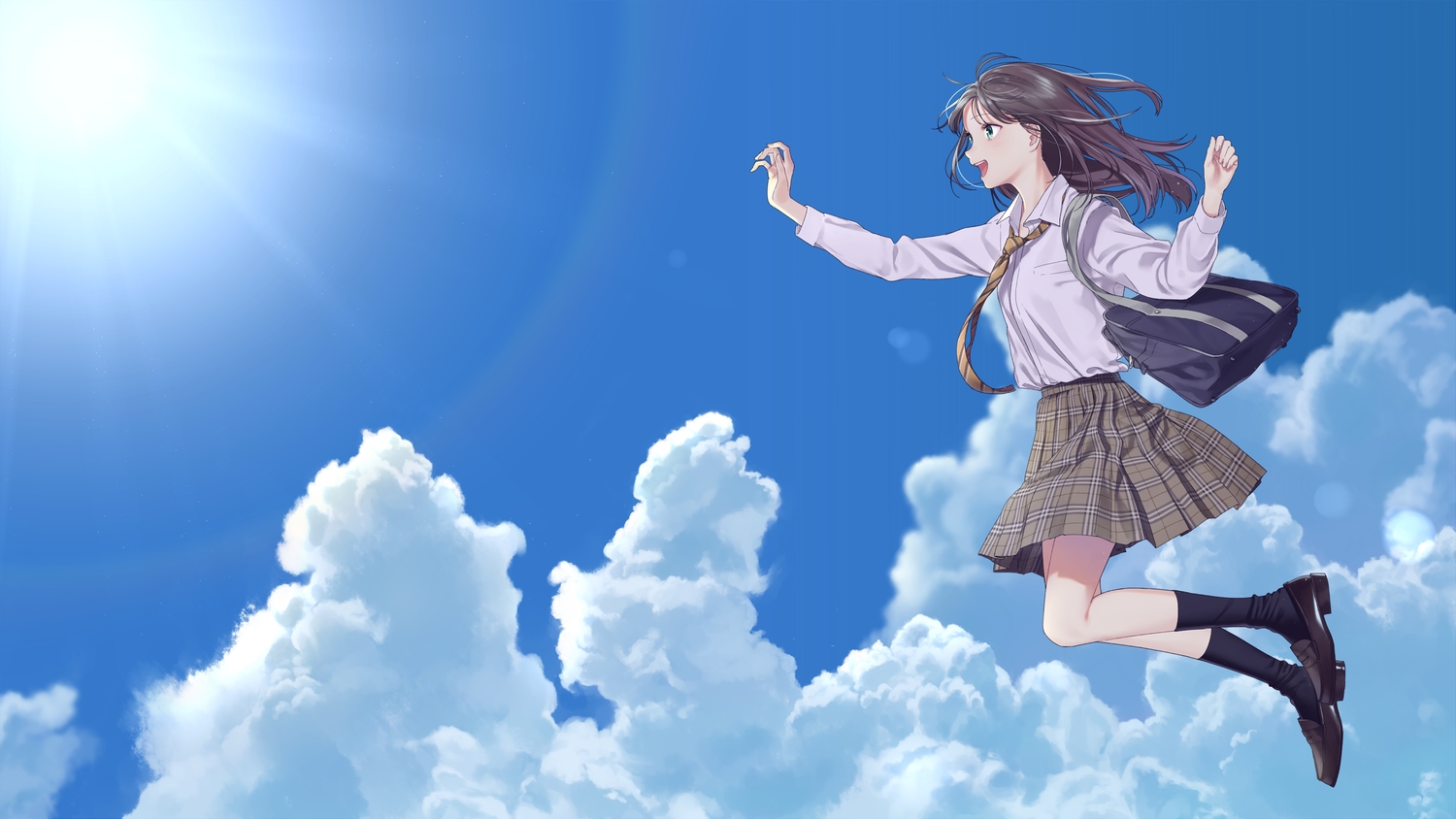 aiko_(aiko_54), brown_hair, clouds, green_eyes, kneehighs, long_hair, original, school_uniform, sky, tie