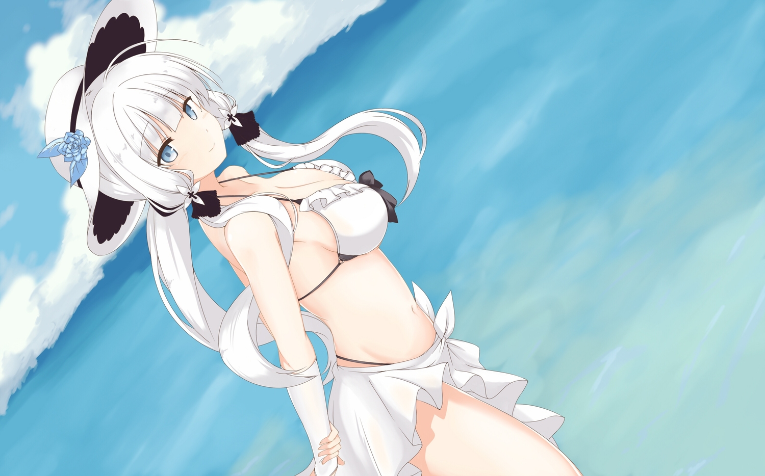 anthropomorphism, azur_lane, bikini, blue_eyes, blush, breasts, cleavage, elbow_gloves, gloves, hat, illustrious_(azur_lane), long_hair, mamizu, navel, ponytail, ribbons, sky, swimsuit, water, white_hair