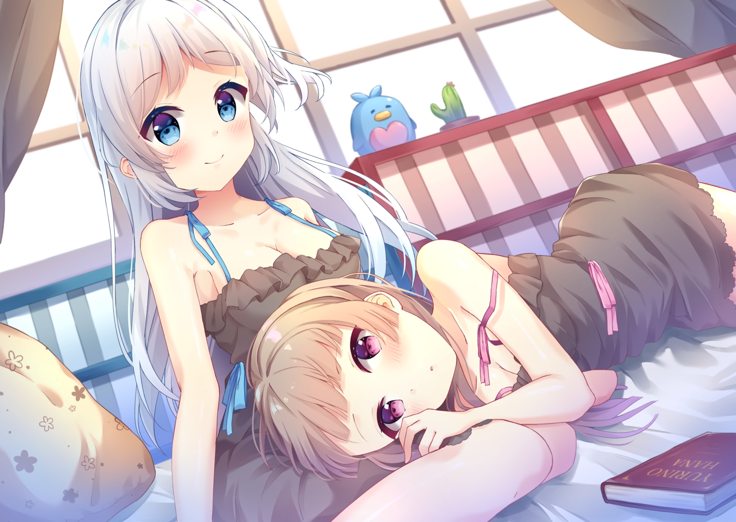 2girls, bed, blue_eyes, blush, book, breasts, brown_hair, cleavage, dress, long_hair, original, purple_eyes, summer_dress, torokeru_none, white_hair