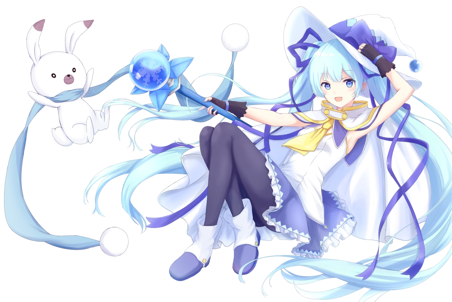 animal, blue_eyes, blue_hair, hatsune_miku, long_hair, rabbit, twintails, vocaloid, wand, white, yuki_miku, yukine_(vocaloid), yuzuaji