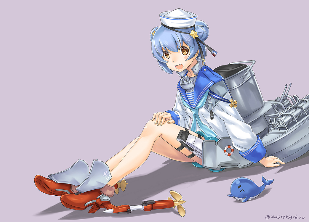 anthropomorphism, blue_hair, boots, fang, gray, hat, kantai_collection, samuel_b._roberts_(kancolle)