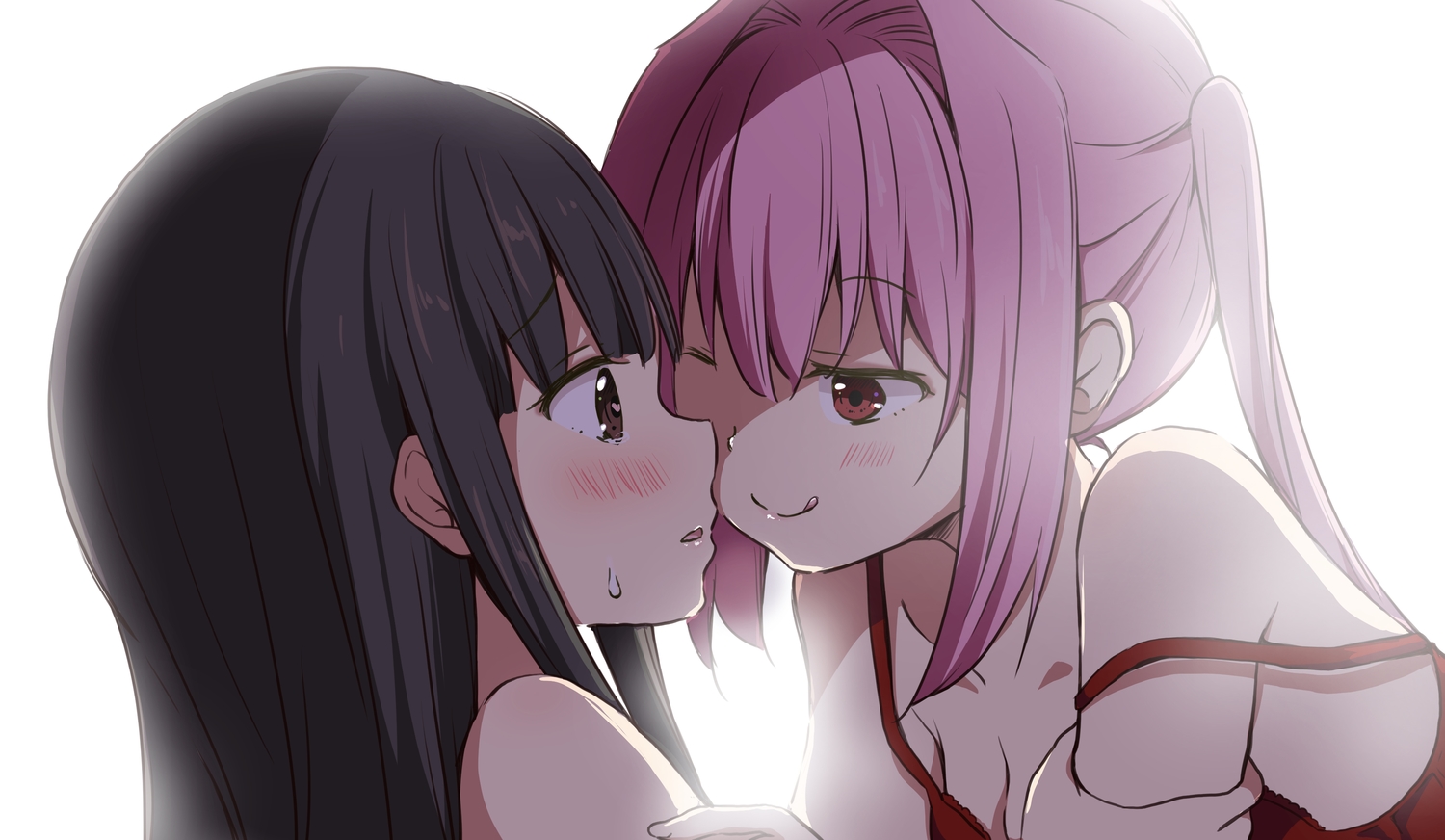 2girls, black_hair, blush, breasts, brown_eyes, chijou_noko, chikanoko, cleavage, close, long_hair, pink_hair, ragho_no_erika, red_eyes, shoujo_ai, tears, tsugou_makina, twintails, wink