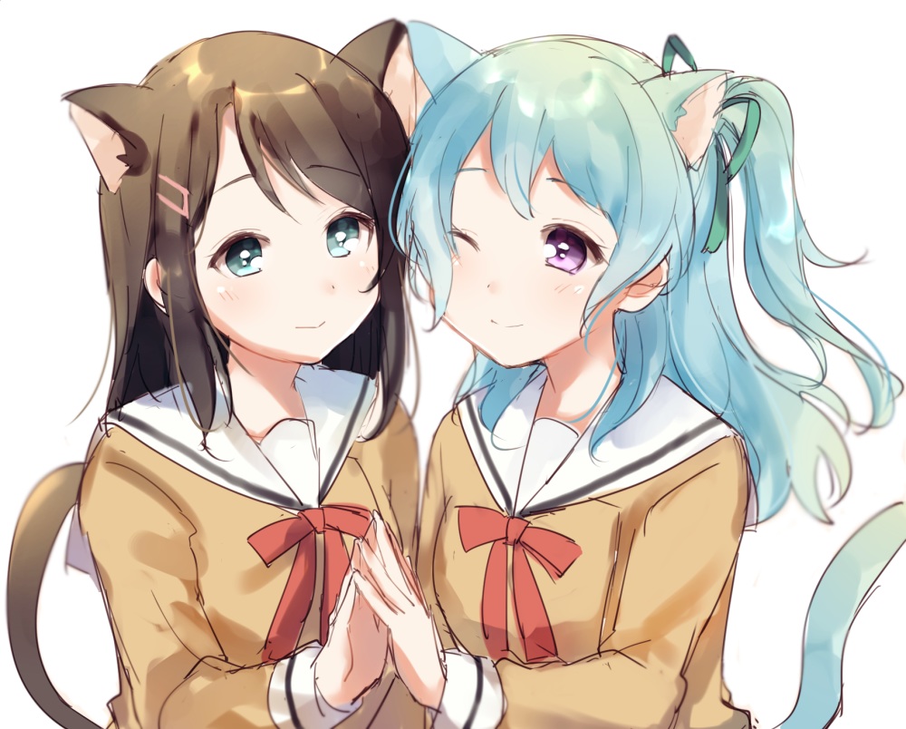 2girls, animal_ears, aqua_hair, bang_dream!, bow, brown_hair, catgirl, green_eyes