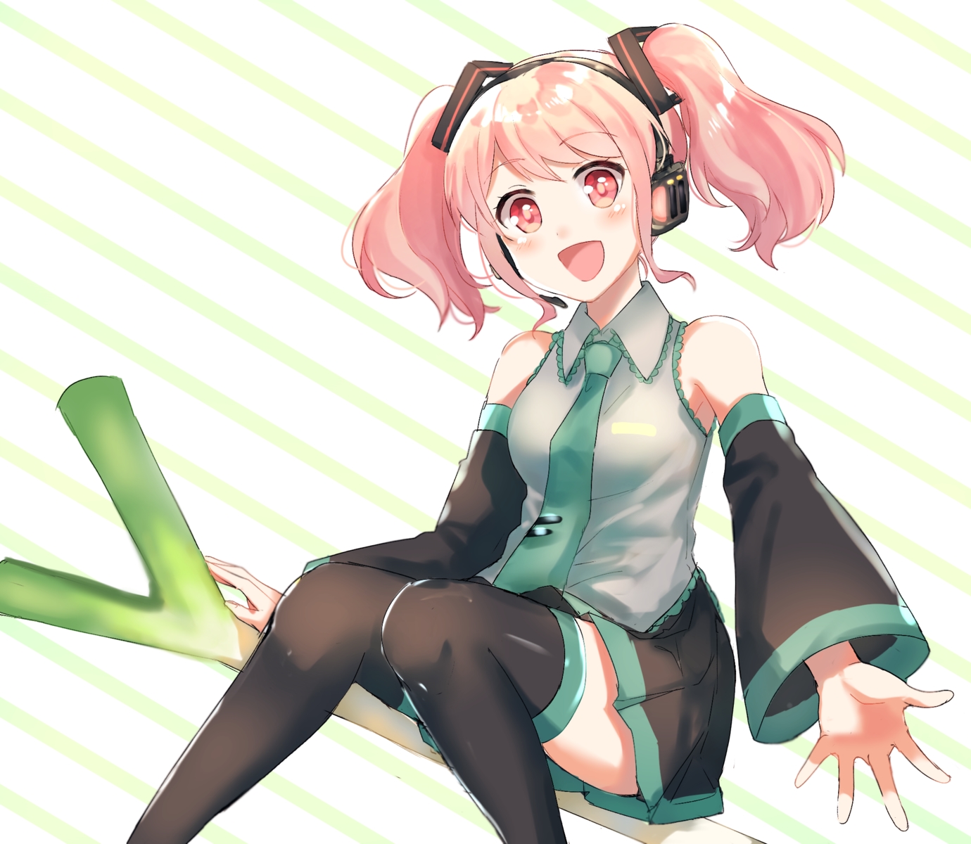 aliasing, bang_dream!, blush, cosplay, headphones, komachi_narota, leek, long_hair, maruyama_aya, microphone, pink_eyes, pink_hair, skirt, thighhighs, tie, twintails, vocaloid