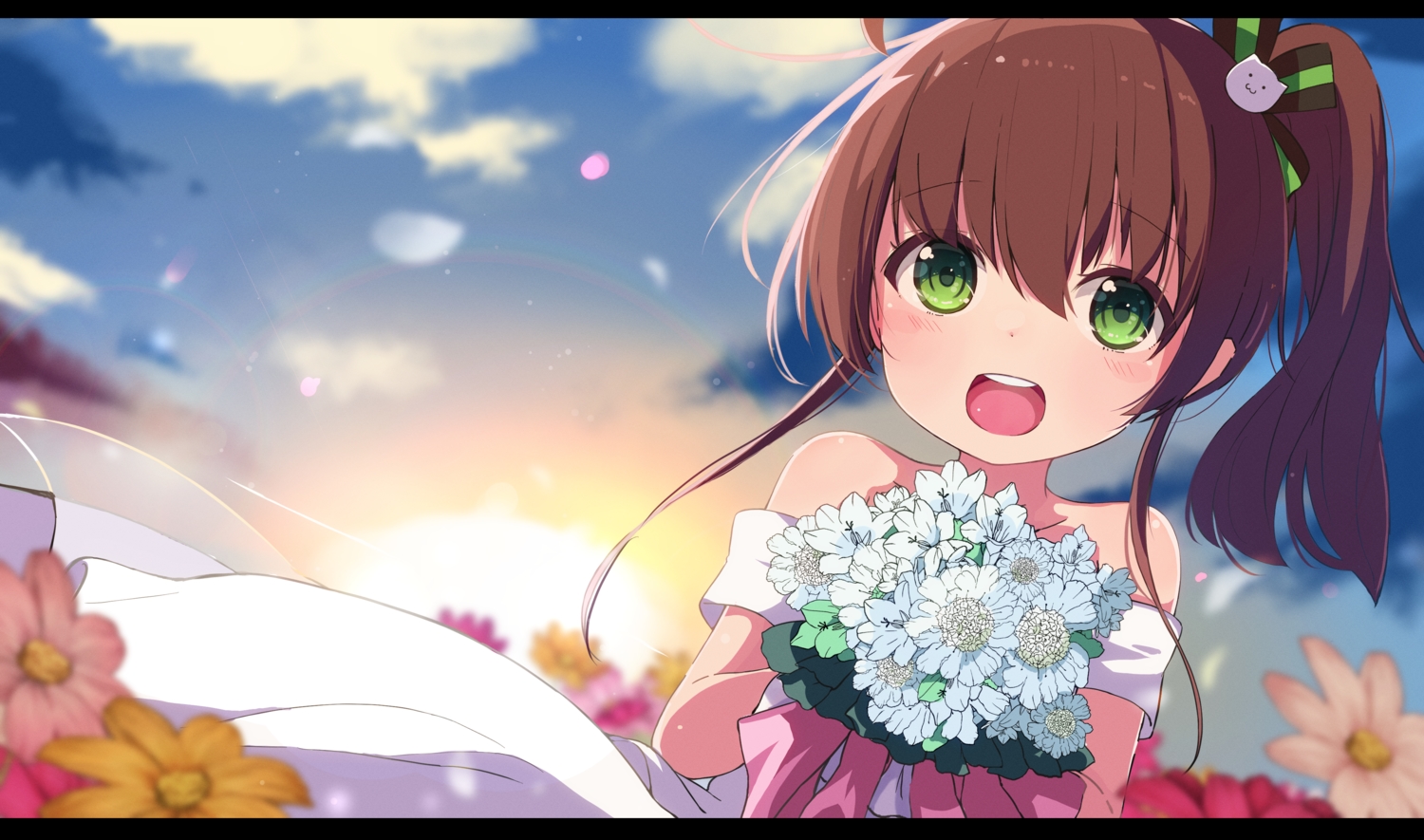 brown_hair, close, clouds, flowers, green_eyes, hololive, loli, long_hair, natsuiro_matsuri, okota_mikan, ponytail, sky