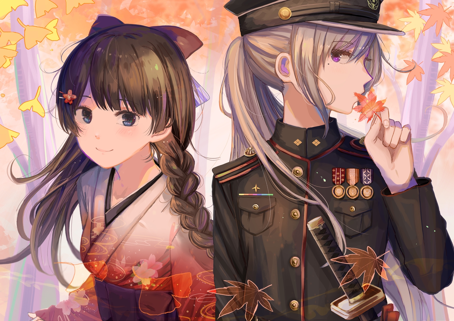 2girls, autumn, blue_eyes, blush, bow, braids, brown_hair, forest, gray_hair, hat, higuchi_kaede, ibuki_(ibuki0118), japanese_clothes, katana, kimono, leaves, long_hair, military, nijisanji, ponytail, purple_eyes, sword, tree, tsukino_mito, uniform, weapon