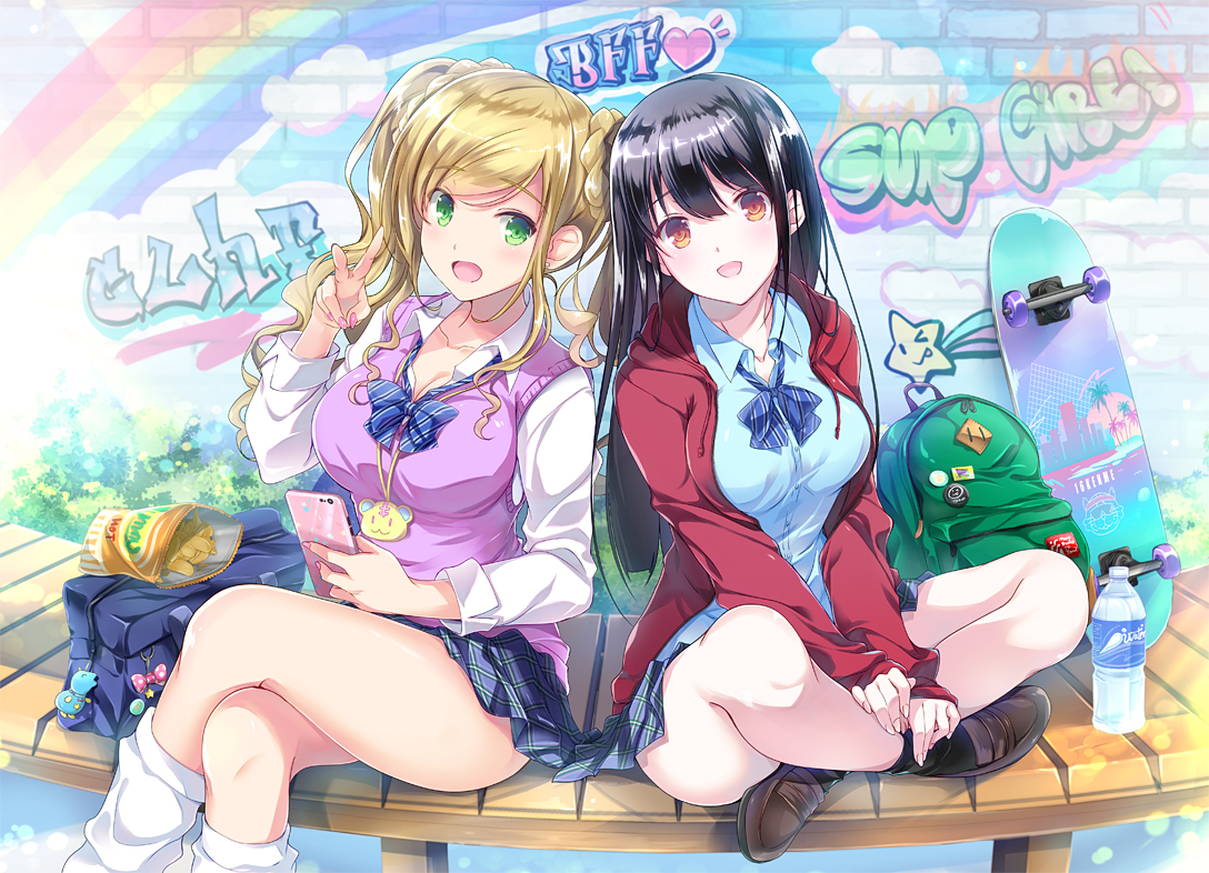 2girls, black_hair, blonde_hair, breasts, cleavage, drink, graffiti, green_eyes