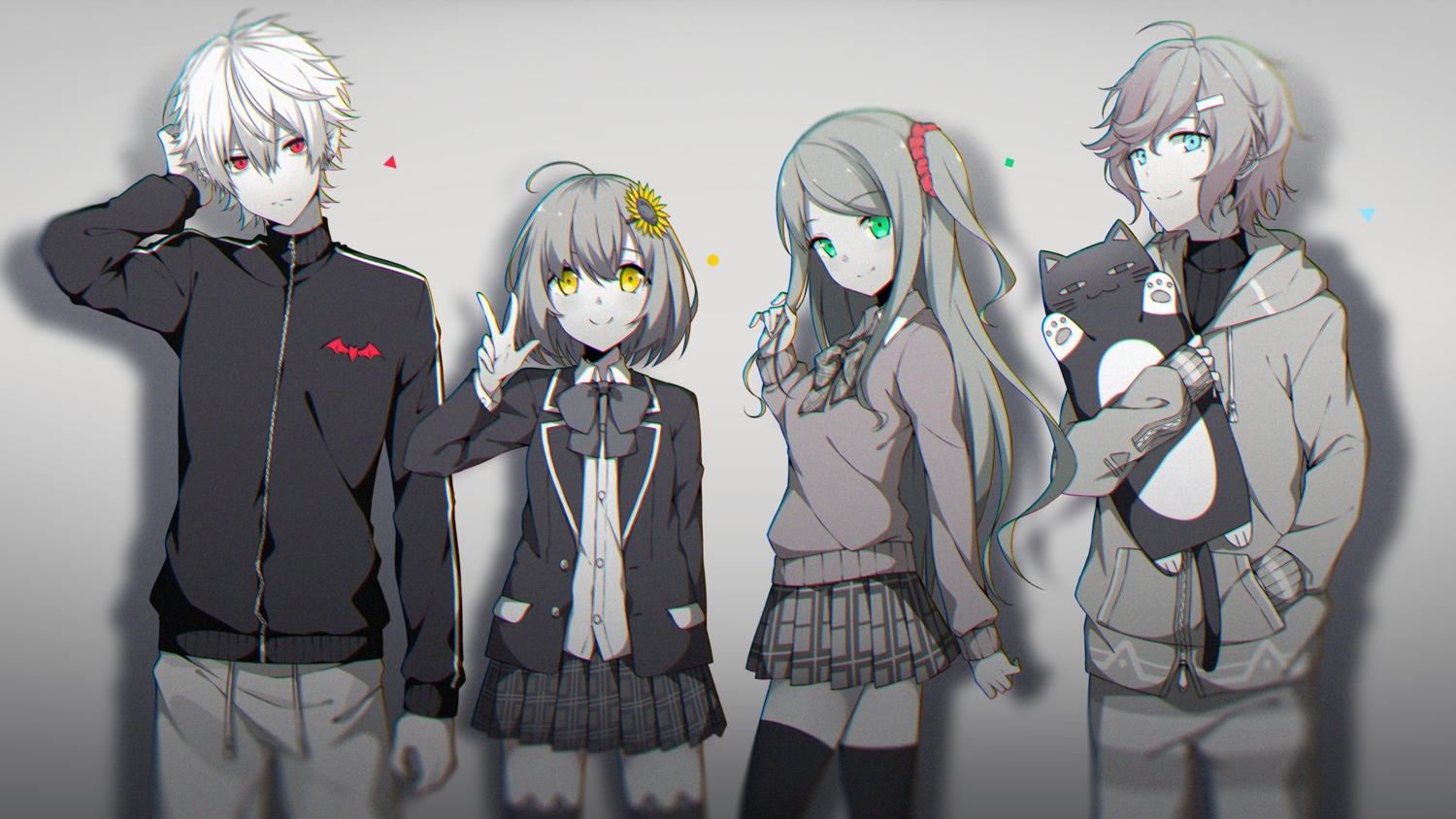 akabane_youko, aqua_eyes, flowers, gray, gray_hair, green_eyes, group, honma_himawari, hood, kanae_(nijisanji), kuzuha_(nijisanji), long_hair, male, nijisanji, polychromatic, ponytail, red_eyes, school_uniform, short_hair, skirt, taiyaki_(artist), thighhighs, vampire, white_hair, yellow_eyes, zettai_ryouiki