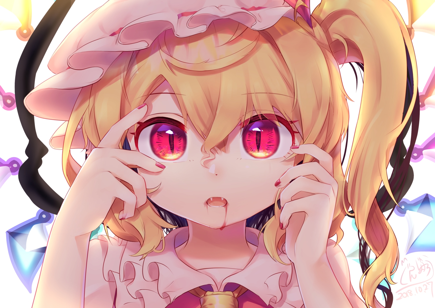 blonde_hair, blood, close, fang, flandre_scarlet, gunjou_row, hat, loli, ponytail, red_eyes, touhou, vampire, wings