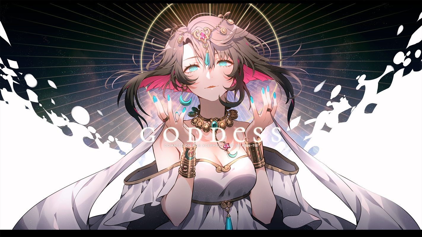 aqua_eyes, breasts, brown_hair, cleavage, dress, halo, headdress, hen-tie, necklace, original, short_hair, watermark, wristwear