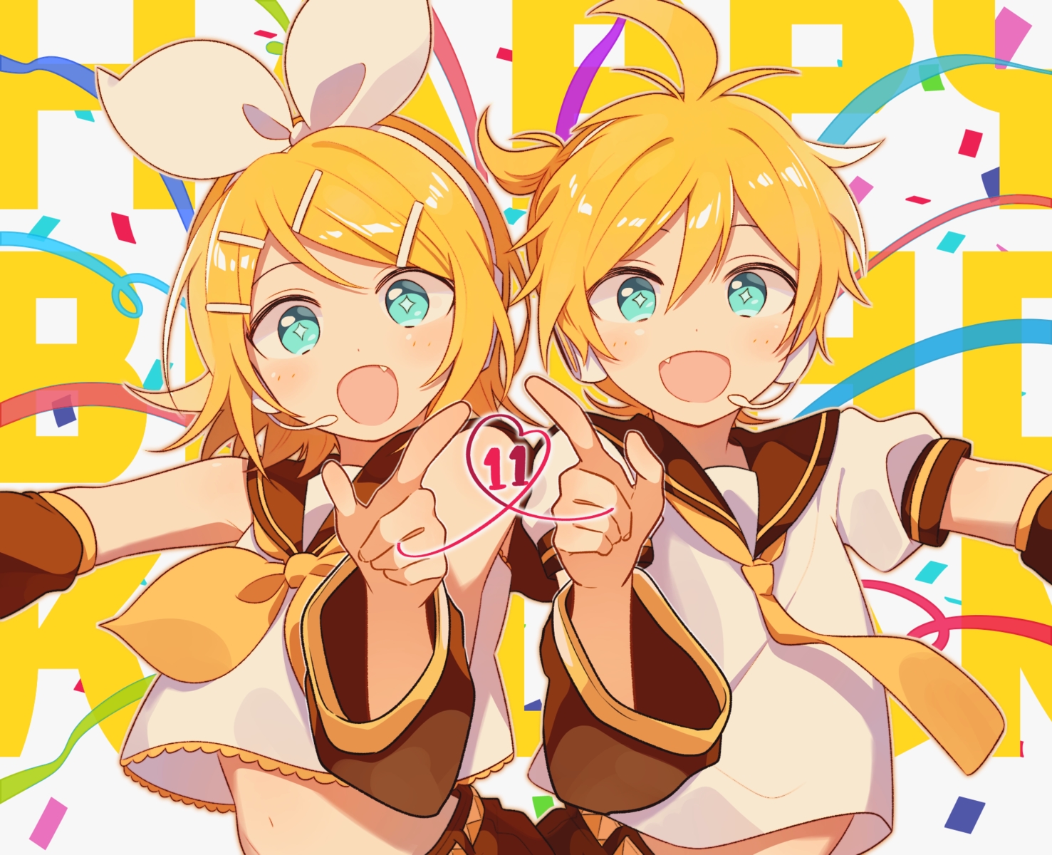4_(nakajima4423), aqua_eyes, blonde_hair, fang, headband, headphones, kagamine_len, kagamine_rin, male, microphone, navel, school_uniform, short_hair, tie, vocaloid