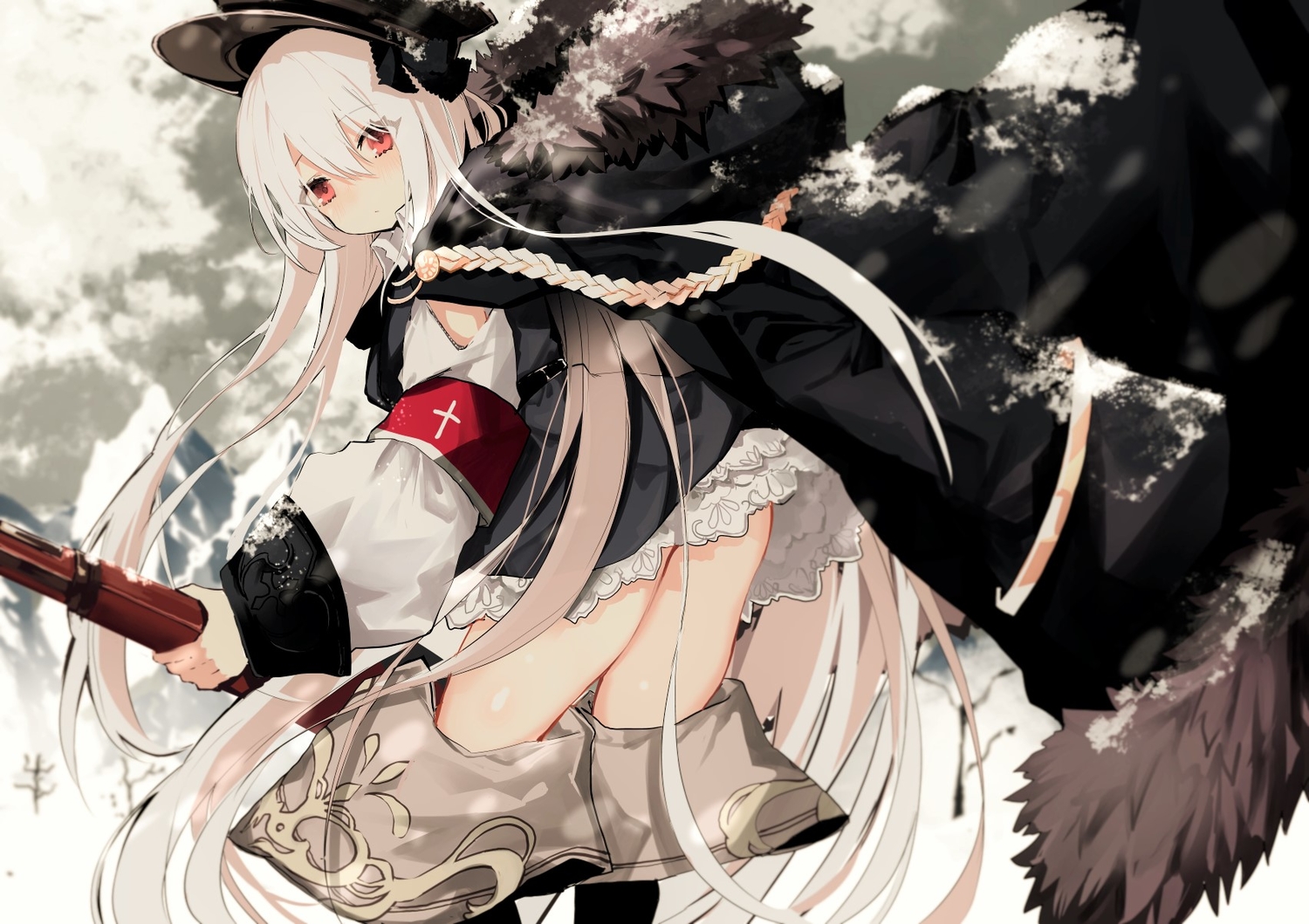 anthropomorphism, boots, dress, girls_frontline, gun, hat, hood, kar98k_(girls_frontline)