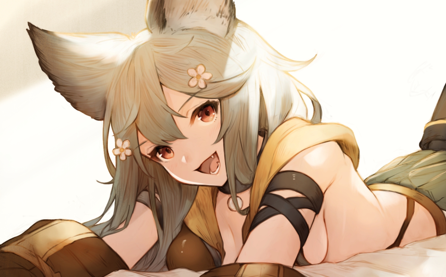 animal_ears, breasts, catgirl, collar, fang, granblue_fantasy, gray_hair, hood, koretsuki_aduma, long_hair, red_eyes, sen_(granblue_fantasy), sideboob