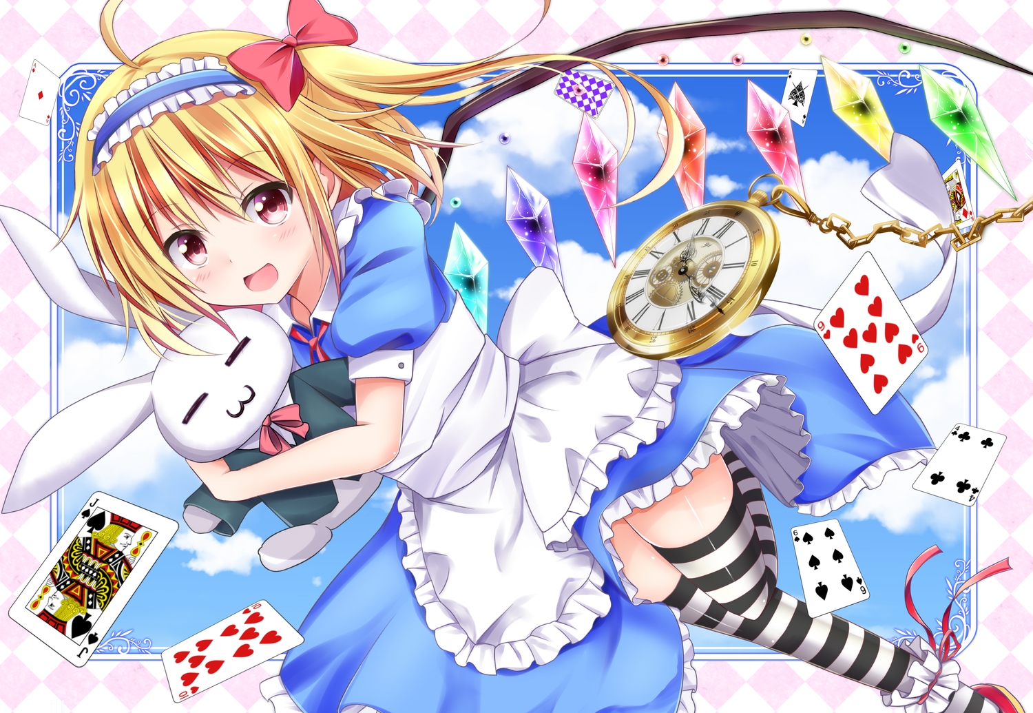 alice_in_wonderland, apron, blonde_hair, blush, bow, bunny, cosplay, dress