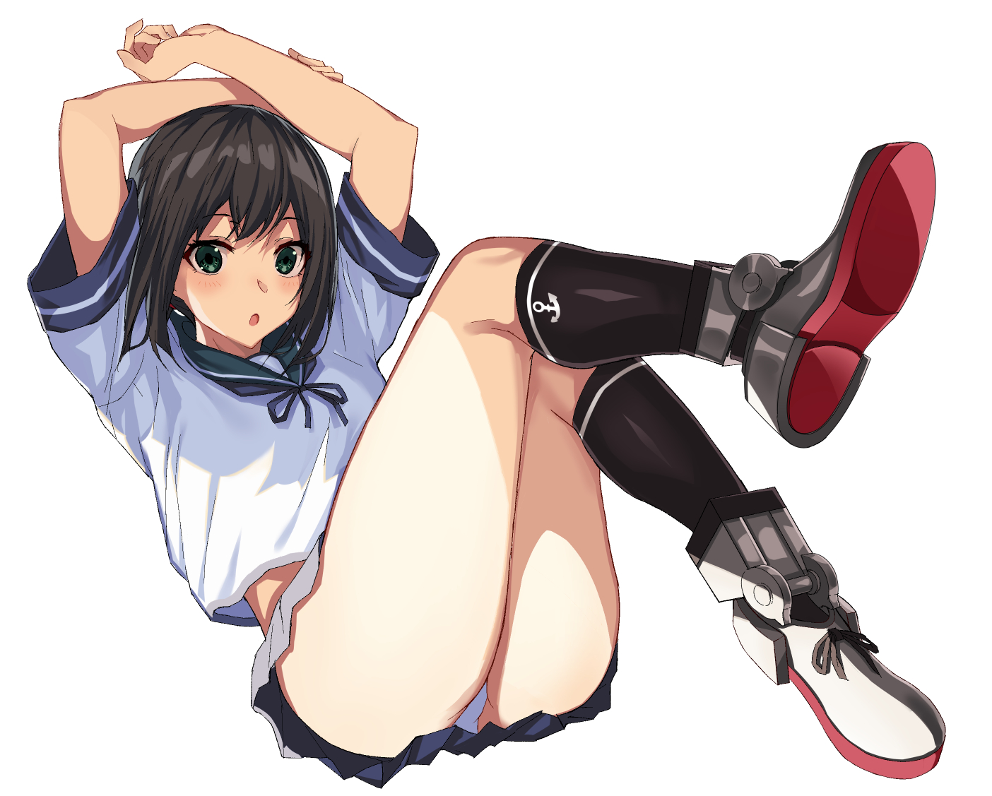 aliasing, anthropomorphism, black_hair, fubuki_(kancolle), green_eyes, kantai_collection, kneehighs, oweee, panties, school_uniform, short_hair, skirt, underwear