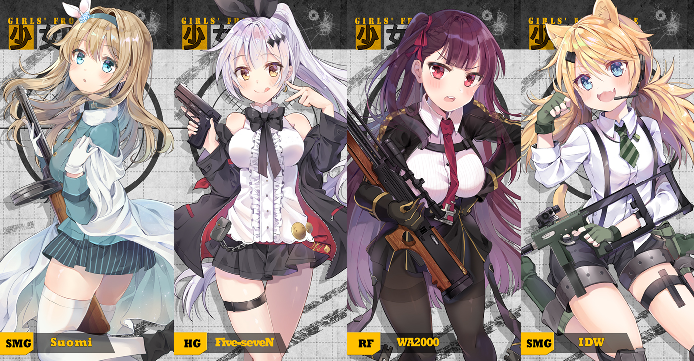 animal_ears, anthropomorphism, aqua_eyes, blonde_hair, blush, breasts, brown_hair, catgirl, cat_smile, chocho_(homelessfox), fang, five_seven_(girls_frontline), garter, girls_frontline, gloves, gun, headband, headphones, idw_(girls_frontline), kneehighs, long_hair, microphone, necklace, pantyhose, ponytail, purple_hair, red_eyes, shorts, skirt, suomi_(girls_frontline), tail, thighhighs, tie, wa2000_(girls_frontline), weapon, white_hair, zettai_ryouiki