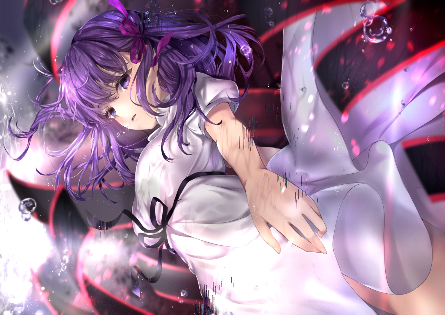 bubbles, dress, fate/grand_order, fate_(series), hane_yuki, matou_sakura, purple_eyes, purple_hair