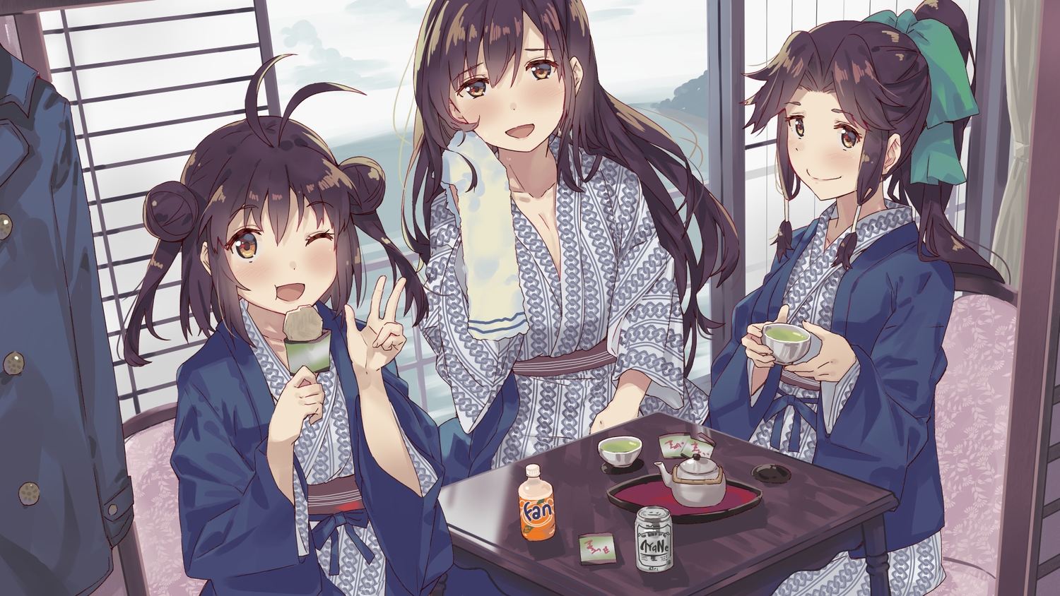 anthropomorphism, brown_hair, drink, food, japanese_clothes, jintsuu_(kancolle), kantai_collection, long_hair