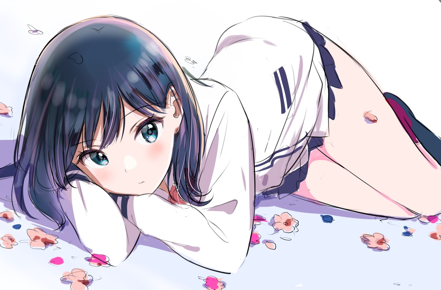 black_hair, blue_eyes, flowers, long_hair, petals, school_uniform, sketch, skirt, ssss.gridman, takarada_rikka, yatomi