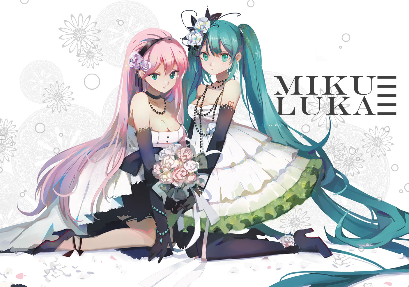 2girls, aqua_hair, boots, breasts, choker, cleavage, dress, elbow_gloves