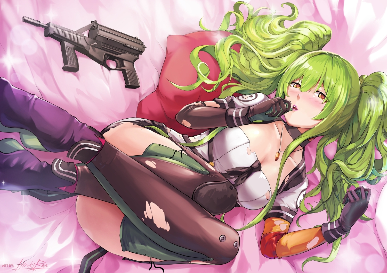 anthropomorphism, bed, blush, boots, breasts, choker, cleavage, elbow_gloves