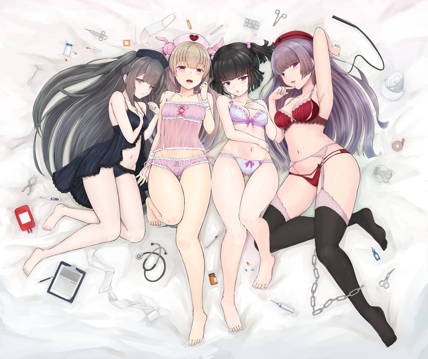 bandage, barefoot, black_hair, blush, bra, breast_hold, breasts, brown_hair, cleavage, garter_belt, gray_hair, group, headdress, long_hair, minai_karte, natori_sana, navel, nurse, panties, pink_eyes, purple_hair, red_eyes, rokudou_mei, sana_channel, short_hair, shouju_ling, stockings, takajin-chan, takajin-channel, twintails, underwear, virtual_clinic, wristwear
