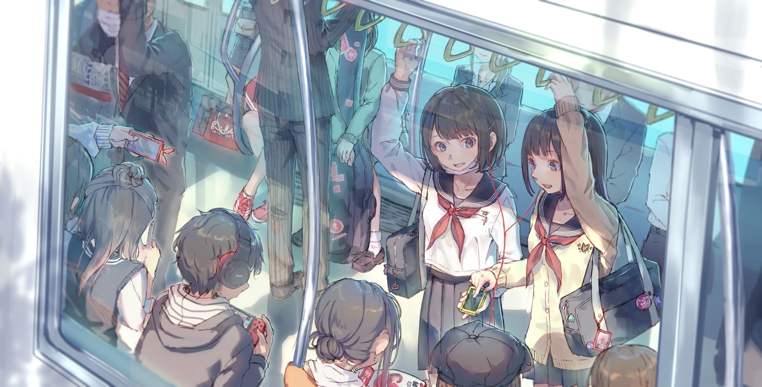 black_hair, game_console, group, headphones, long_hair, male, mask, original