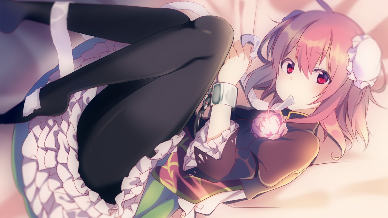 blush, flowers, fujishiro_emyu, ibaraki_kasen, pantyhose, pink_hair, red_eyes, rose, shackles, short_hair, skirt, touhou