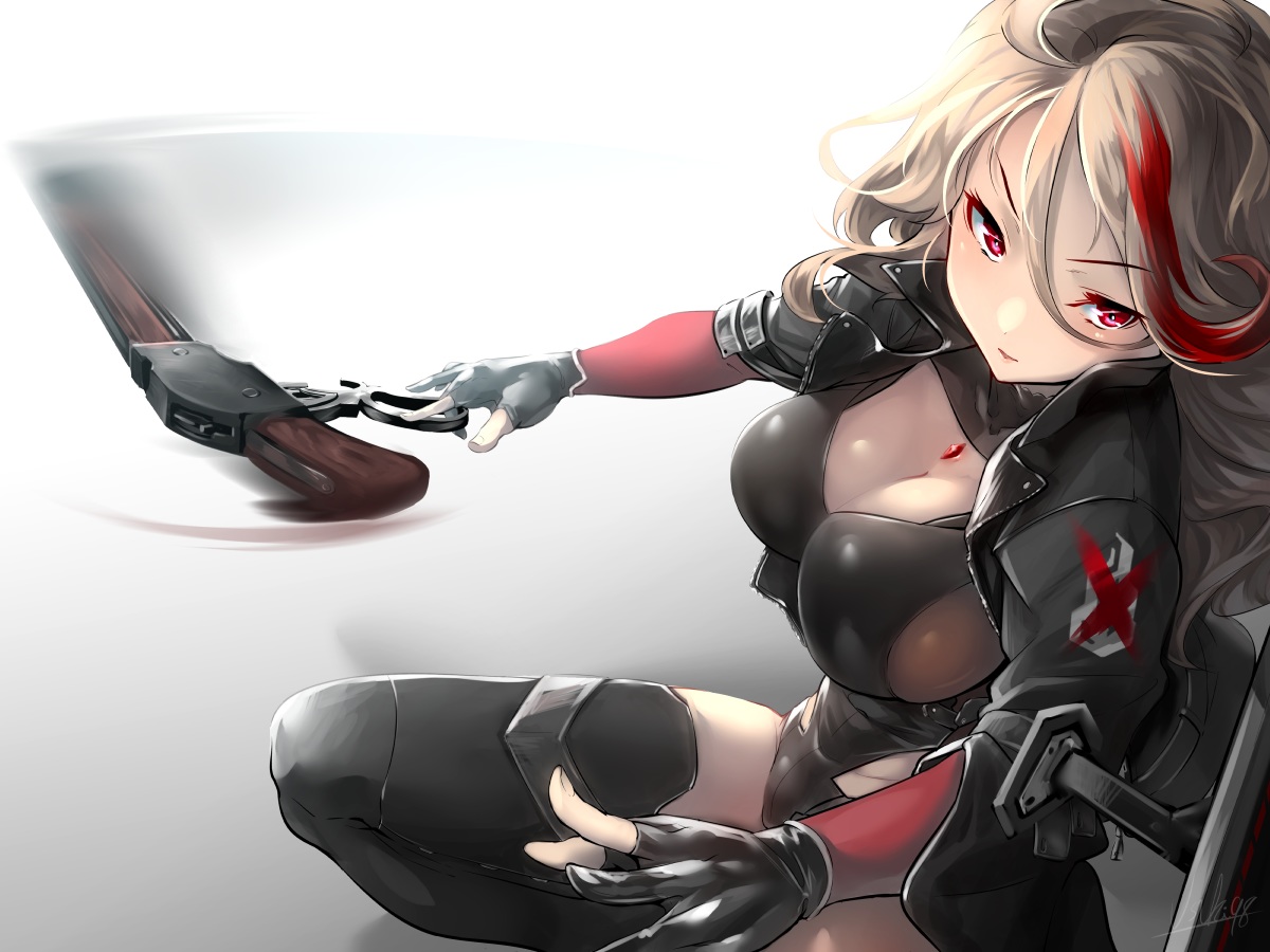 aliasing, anthropomorphism, blonde_hair, breasts, cleavage, girls_frontline, gloves, gradient