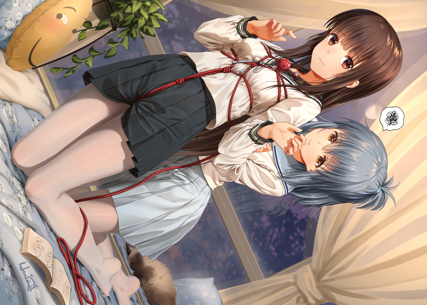 2girls, animal, blue_hair, book, brown_eyes, brown_hair, cat, gag, haneru, haori_haruki, himino_seika, long_hair, original, pantyhose, rope, school_uniform, signed, skirt