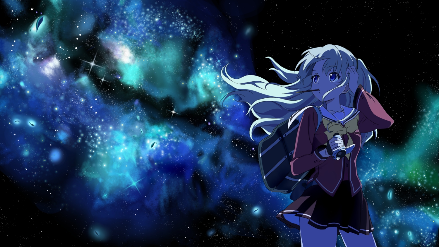 blue_eyes, bow, camera, charlotte, food, gray_hair, long_hair, pocky, school_uniform, skirt, sky, stars, tomori_nao, yuuri_(asterisk)