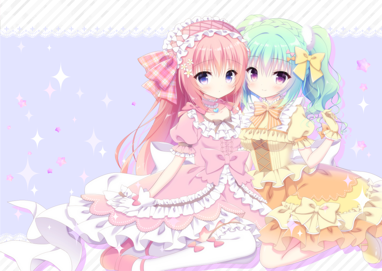 2girls, aliasing, aqua_hair, bow, dress, gloves, headdress, kamishiro_piyo