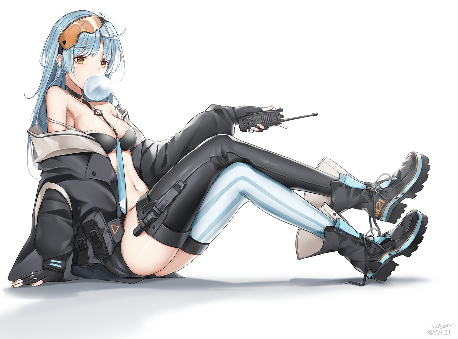 anthropomorphism, blue_hair, girls_frontline, gloves, long_hair, navel, thighhighs, tie, vvy, white, yellow_eyes, zas_m21_(girls_frontline)