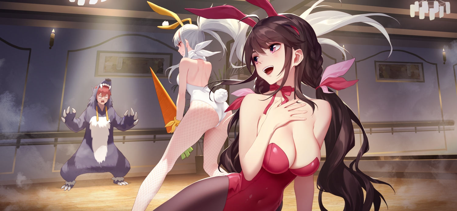 animal_ears, ass, braids, brown_hair, bunny_ears, bunnygirl, daye_bie_qia_lian, long_hair