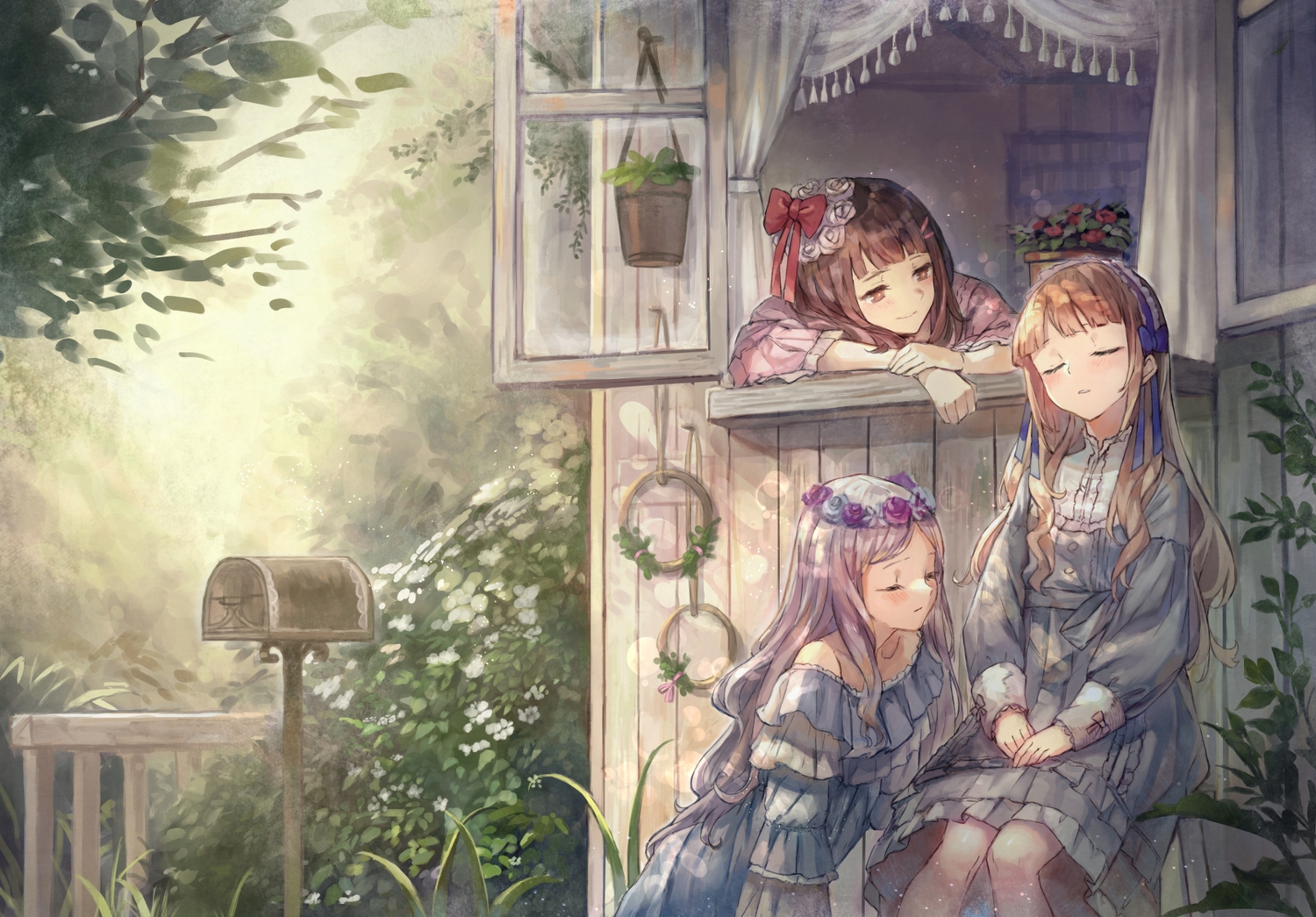 blonde_hair, blush, bow, brown_eyes, brown_hair, flowers, gray_hair, headdress