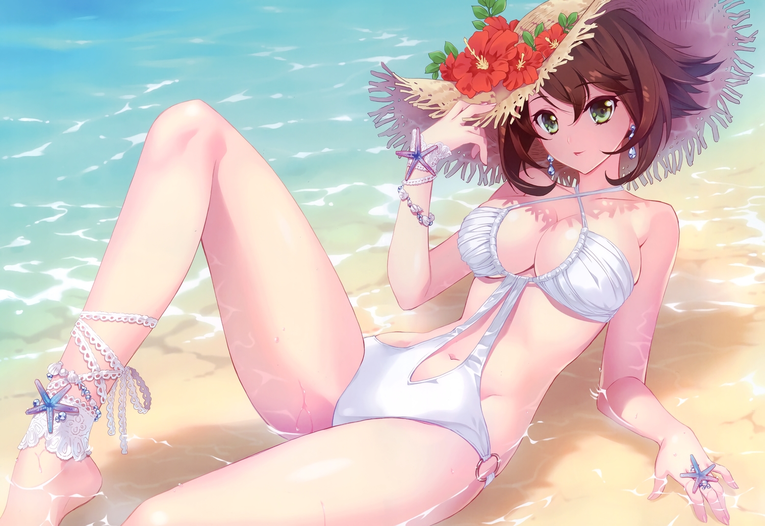 anthropomorphism, bikini, brown_hair, carnelian, flowers, green_eyes, hat, kantai_collection